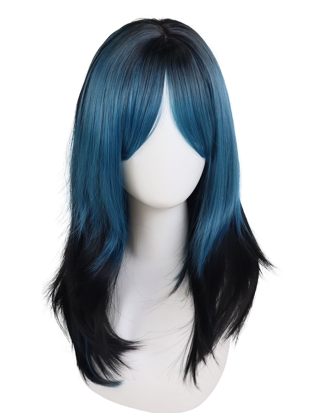 Blue-Black Long Layered Synthetic Lace Front Women’s Wig with Side Bangs